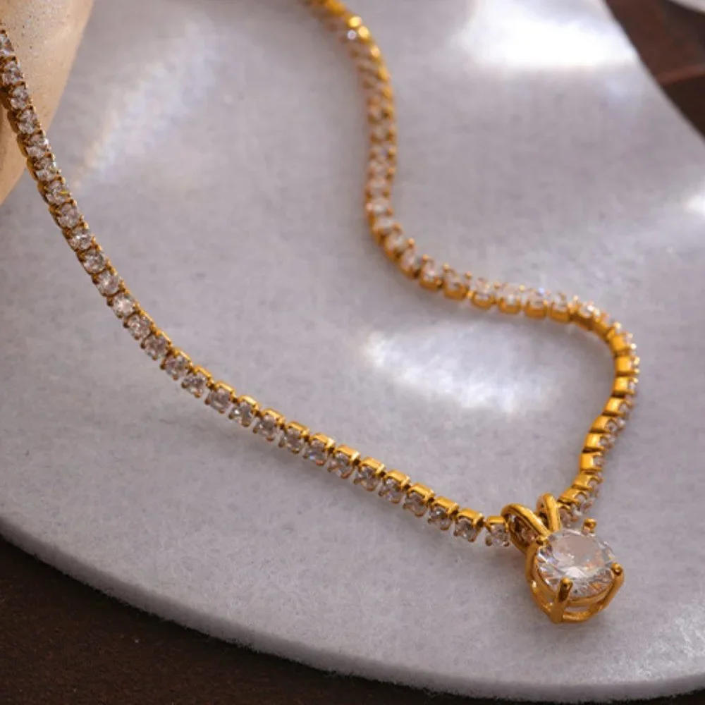 ^NEW 18K Gold Plated 2CT Solitaire Diamond Round Diamond Chain Necklace
